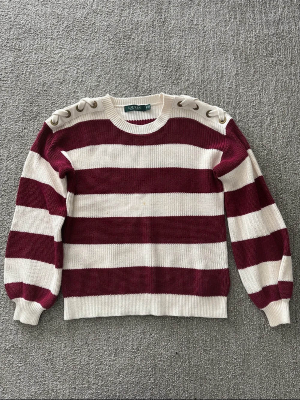 Ralph Lauren Burgundy and Cream Striped Crewneck Sweater with Shoulder Grommets